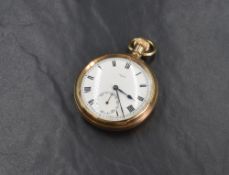 A gold plated top wound pocket watch having Roman numeral dial with subsidiary seconds to white