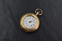 A continental 14ct gold top wound open face pocket watch, the white dial having Roman numerals
