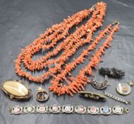 A small selection of vintage jewellery including cut steel crescent brooch, branch coral