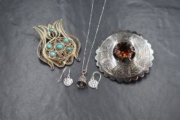 A small selection of silver & white metal including a large Celtic brooch with central citrine style