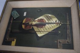 A mounted print, violin/fiddle interest, approx. 71 x 53cm