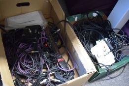 Two boxes of various cables etc , including XLR and Jack Leads, selection of Elixir Strings,