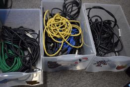 A selection of various leads, arranged in set of plastic drawers, XLR, Jack and 'kettle' style power