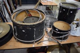 A selection of vintage drum shells, cymbals etc