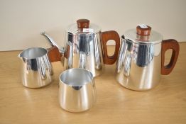 A mid to late 20th-century Sona Stratford Upon Avon stainless steel and coffee service, featuring