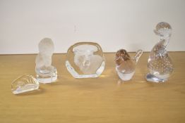 A selection of five mid to late 20th-century animal-themed glass paperweights and figurines,