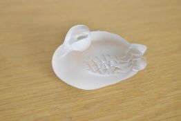 A 20th-century French Lalique frosted glass and clear crystal duck figurine, having a dipped head