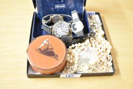 A small collection of costume jewellery, including faux pearls, clip on earrings, mother-of-pearl