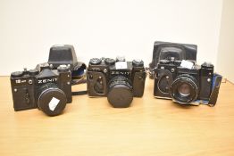 Three Zenit cameras, 11, TTL and 12XP, all with Helios 44 58mm f2 lenses. Lenses are sort after