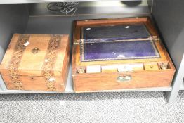 A Victorian burr walnut and brass-bound writing slope, engraved 'Esther Walker, 1871' on brass piece
