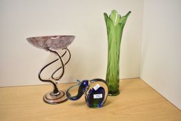 Three late 20th-century studio glass ware pieces, to include a Murano-style elephant paperweight, an