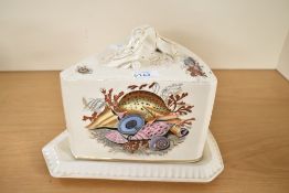 A Victorian pottery cheese dish and cover, of wedge shape transfer decorated with seashells 29cm
