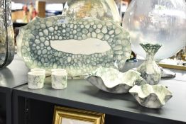 A selection of contemporary Deborah Brett teal porcelain bubble glazed ware, compromising of a