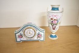 A late 20th-century Minton fine bone china Bicentennial ‘Rose Basket' vase and mantel clock,
