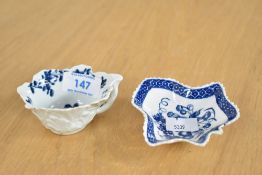Two thought to be 18th-century blue and white leaf-shaped pickle dishes, featuring floral and