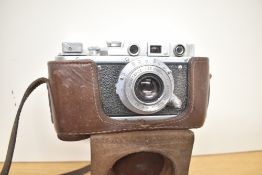 Zorki 1 Soviet 35mm rangefinder, with a collapsible Industar-22 50mm f3.5 lens.
