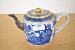 An 18th-century Chinese export porcelain teapot, featuring a hand painted blue and white traditional