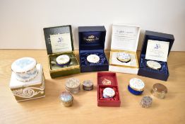 A quantity of twentieth century pillboxes, to include four Crummles and Company hand painted