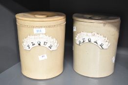 Two Victorian ceramic yellow ware storage jars, to feature Flour and Sugar, with a white name