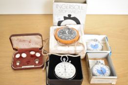 A quantity of vintage stopwatches and accessories, comprising of a larger boxed Ingersoll 1/5th
