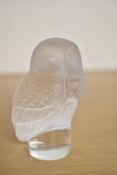 A 20th-century French Lalique frosted glass Chouette owl figurine, having delicate plummage upon a