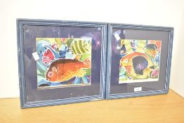 Two late 20th-century framed Bajan Batiks, featuring a selection of colourful aquatic fish,