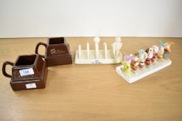 A quantity of vintage ceramic tableware, to include a Clover toast rack featuring the seven dwarfs