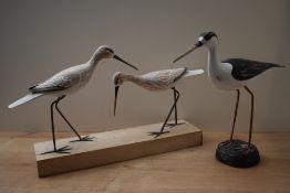 A pair of wooden Godwit or similar bird studies mounted on wooden block base, measuring 30cm tall