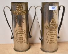 WW1 Trench Art brass ornately etched 75 DEC shell cases, one stamped D.73L.15.D with Royal Artillery