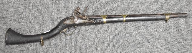 Middle Eastern, Arab 19C flintlock Jezail-style gun, 57cm barrel with three ornately engraved barrel