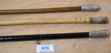Military Swagger Sticks with white metal pommel on metal-tipped wooden cane, overall 70cm, one