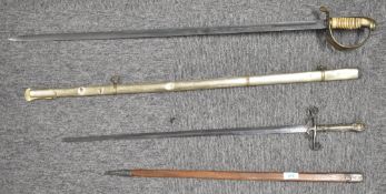 Military-style sword, straight single-edged and fullered 82cm blade, some tarnishing and pitting,