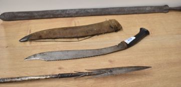 Hunting spear and/or weapon, traditional, tribal origin, possibly African, ornate metal flat tapered