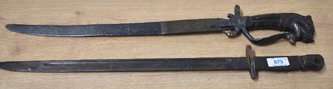Sinhalese/Ceylonese-style Kastane or sword, curved 40cm iron blade crude and worn with obvious