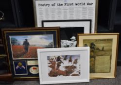 WW1-related mounted, framed and glazed military prints, five comprising 'Over The Top' 1918 after