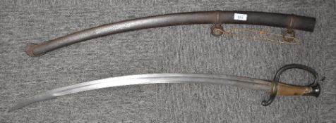 French Cavalry Briquette-style Sword, curved, single fullered single edged blade 81cm in length,