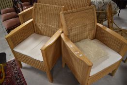 A nice quality modern beech and wicker three piece suite, settee width approx. 134cm