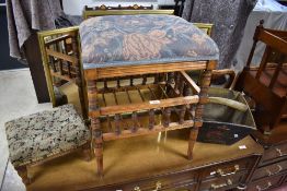 A small selection of furniture including footstool, trug and Victorian bedroom stool