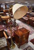A late 20th century brass effect standard/reading lamp with ruffled material shade 160cm