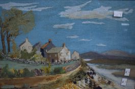 Artist Unknown (20th Century) Mixed media, an interesting fabric collage of costal cottages,
