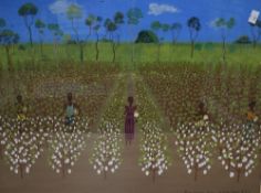 Ramedane Jiru (20th Century) Acrylic on paper, a vibrant African harvest scene, signed and dated (