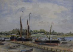 Leb Hudson (20th Century) Watercolour, depicting boats moored in an estuary notably what appears