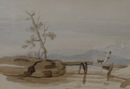 19th century English school watercolour on paper, an attractive depiction of a man walking a dog