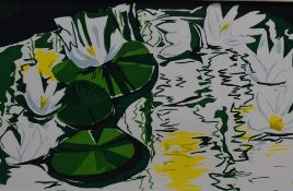 A contemporary screen print, a vibrant depiction of water lilies on a pond, unsigned, within card