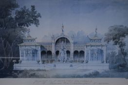 A reproduction of a 19th century French architectural concept drawing of an aviary, text to lower