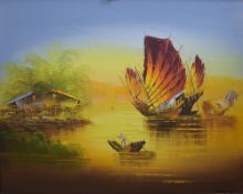 A contemporary oil on canvas, a Chinese inspired landscape with junk boats on water at sunrise/