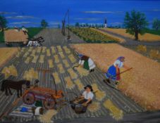 Martin Paluska (Serbian 1913 - 1984) oil on canvas, a harvest scene with villagers dressed in