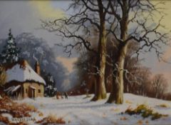 Vincent Selby (British 1919 - 2004) Oil on board, a woodland cottage in winter with figures