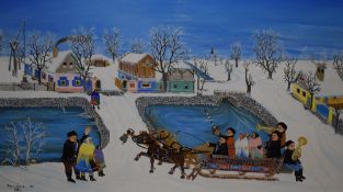 Martin Paluska (Serbian 1913 - 1984) oil on canvas, a winter scene with villagers dressed in