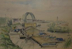 Jan Rombout (Dutch 1920 - 1987) ink and watercolour, a riverside watersports centre, signed in ink